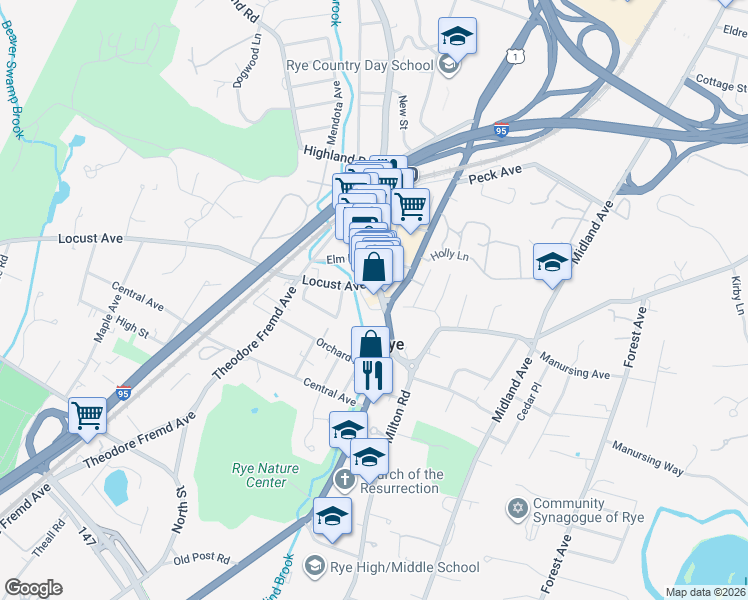 map of restaurants, bars, coffee shops, grocery stores, and more near 1061 U.S. 1 in Rye