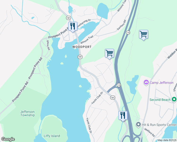 map of restaurants, bars, coffee shops, grocery stores, and more near 36 Alpine Drive in Jefferson