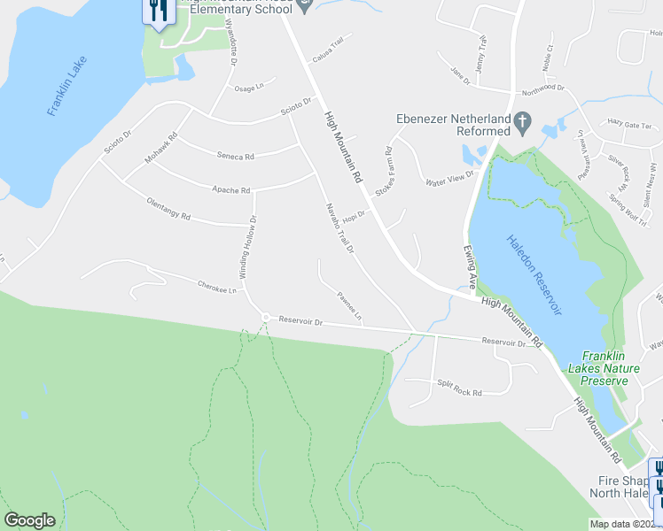 map of restaurants, bars, coffee shops, grocery stores, and more near 634 Pawnee Lane in Franklin Lakes