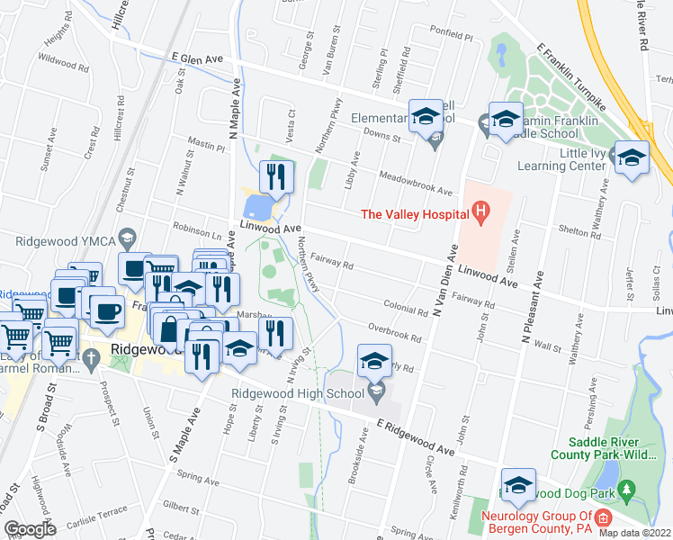 map of restaurants, bars, coffee shops, grocery stores, and more near 397 Colonial Road in Ridgewood