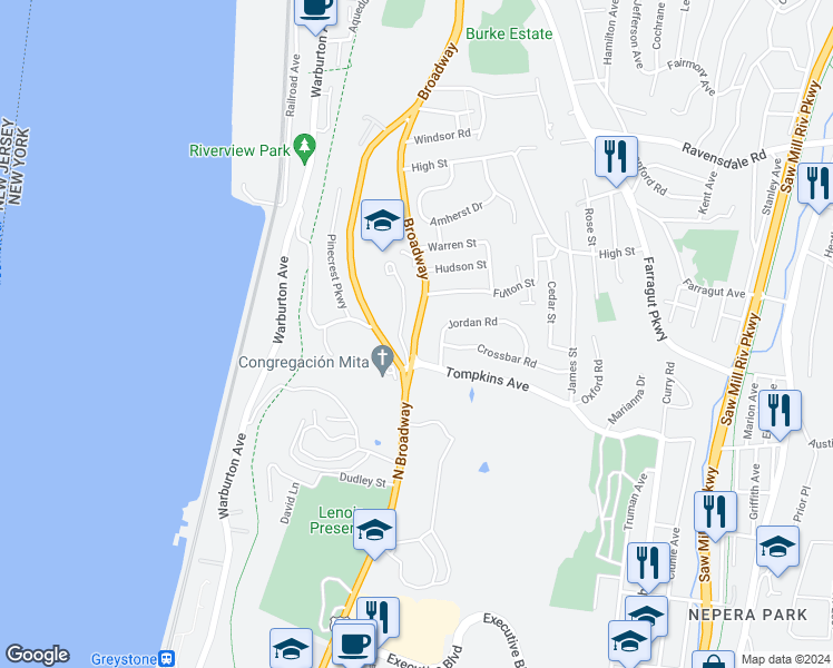 map of restaurants, bars, coffee shops, grocery stores, and more near 46 Broadway in Hastings-on-Hudson
