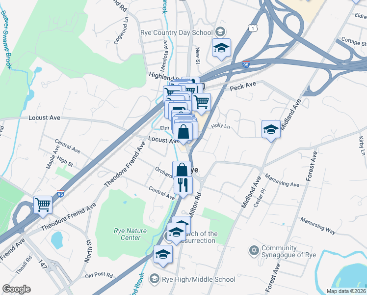 map of restaurants, bars, coffee shops, grocery stores, and more near 1061 U.S. 1 in Rye