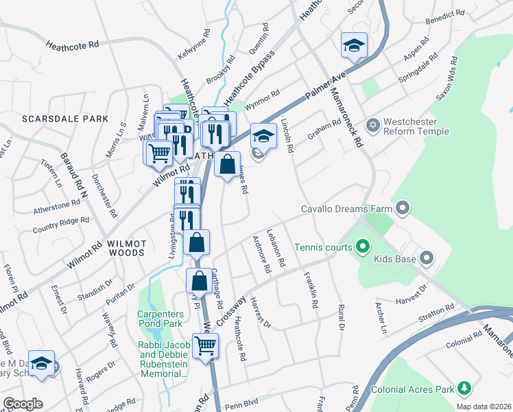 map of restaurants, bars, coffee shops, grocery stores, and more near 31 Innes Road in Scarsdale