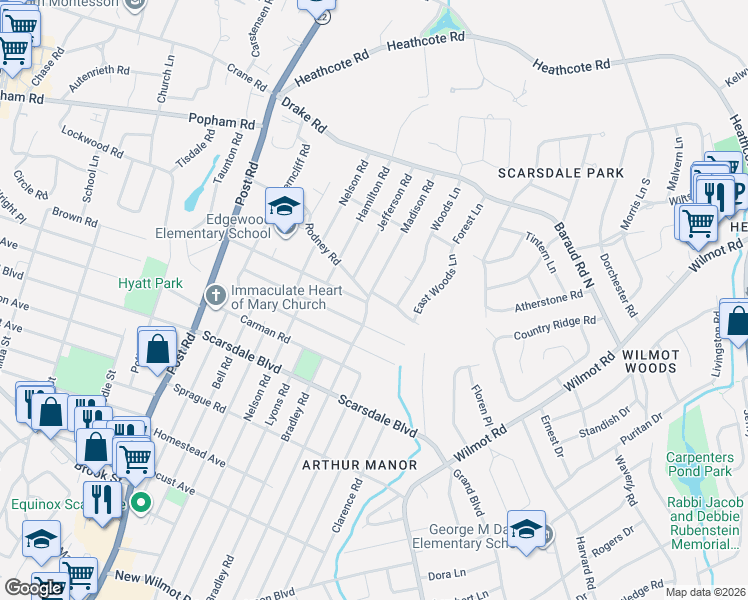 map of restaurants, bars, coffee shops, grocery stores, and more near 210 Madison Road in Scarsdale