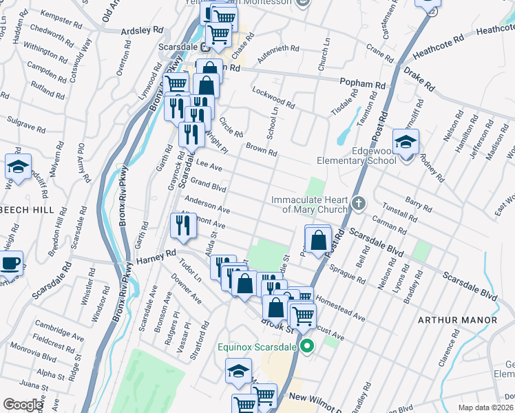 map of restaurants, bars, coffee shops, grocery stores, and more near 98 Anderson Avenue in Scarsdale