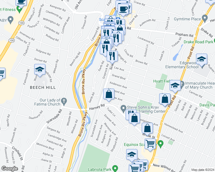 map of restaurants, bars, coffee shops, grocery stores, and more near 1 Lakeview Avenue in Scarsdale