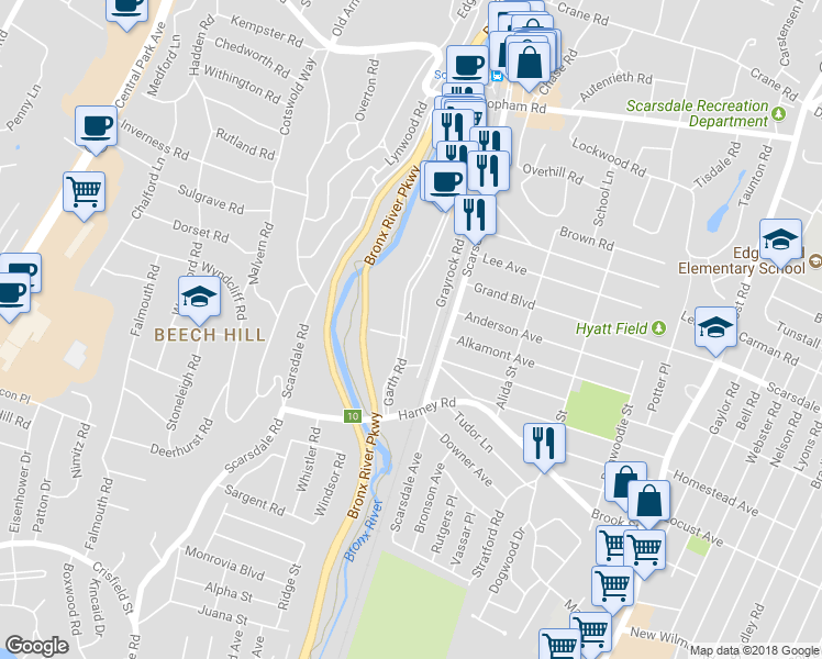 map of restaurants, bars, coffee shops, grocery stores, and more near 250 Garth Road in Scarsdale