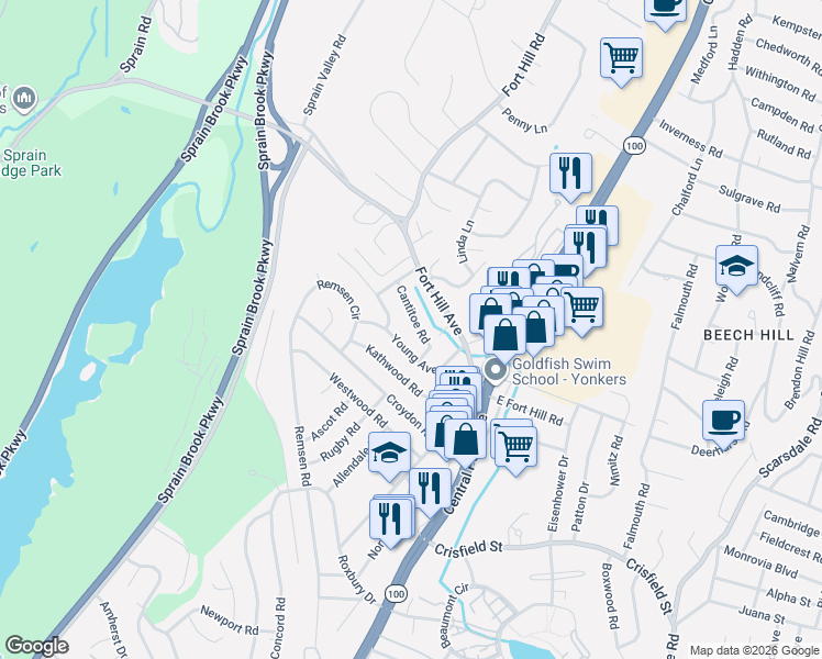 map of restaurants, bars, coffee shops, grocery stores, and more near 92 Young Avenue in Yonkers