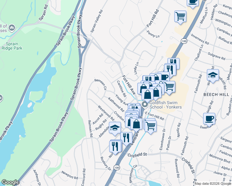 map of restaurants, bars, coffee shops, grocery stores, and more near 92 Young Avenue in Yonkers