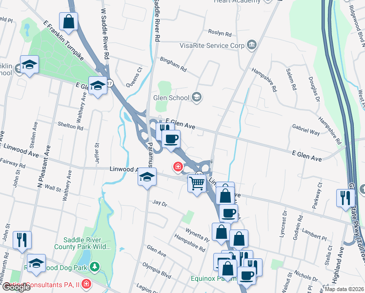 map of restaurants, bars, coffee shops, grocery stores, and more near 381 17 in Ridgewood