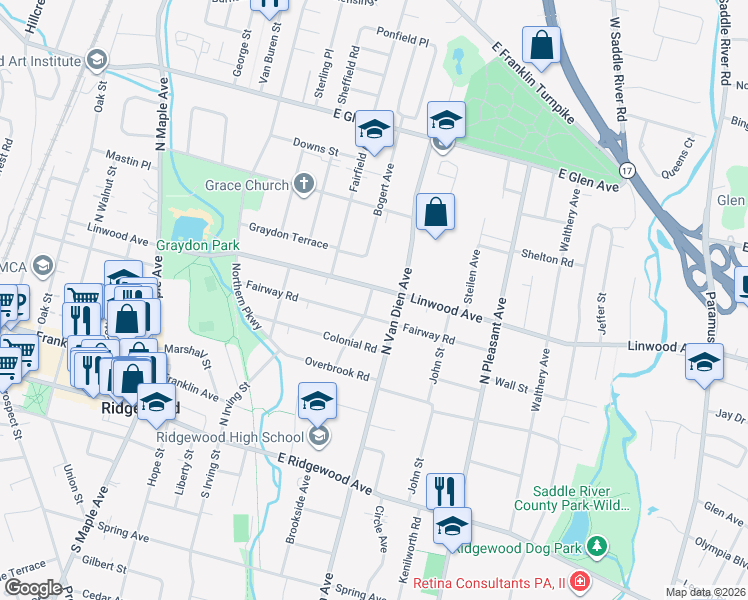 map of restaurants, bars, coffee shops, grocery stores, and more near 489 Fairway Road in Ridgewood