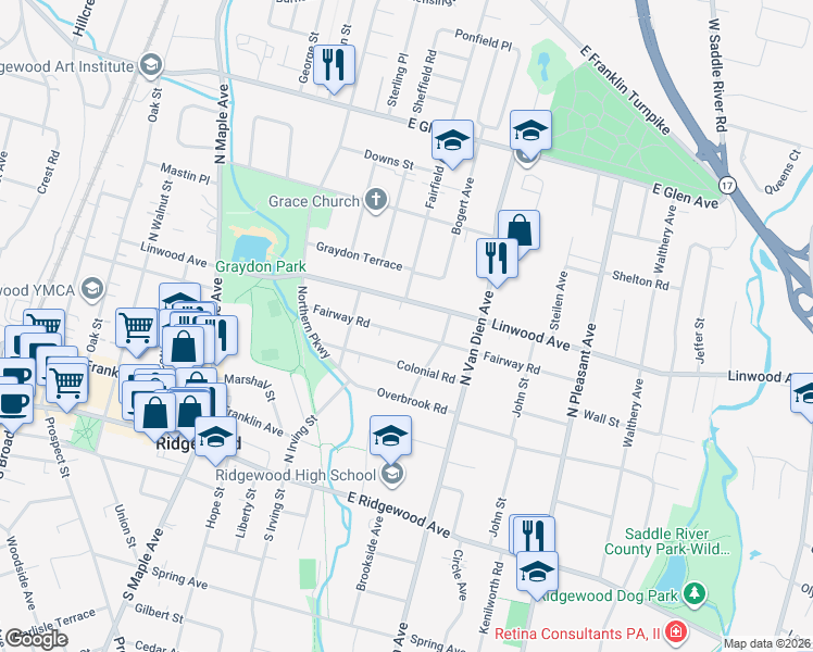 map of restaurants, bars, coffee shops, grocery stores, and more near 458 Fairway Road in Ridgewood