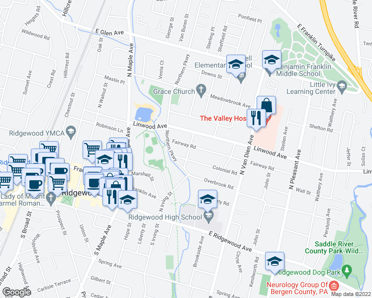 map of restaurants, bars, coffee shops, grocery stores, and more near 397 Colonial Road in Ridgewood