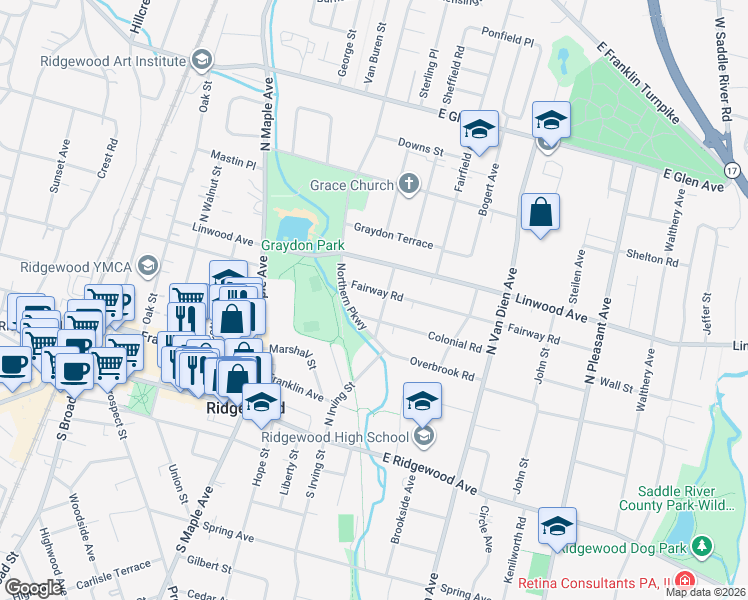 map of restaurants, bars, coffee shops, grocery stores, and more near 397 Colonial Road in Ridgewood