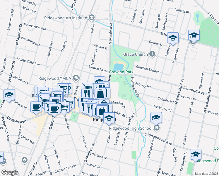 map of restaurants, bars, coffee shops, grocery stores, and more near 125 North Maple Avenue in Ridgewood