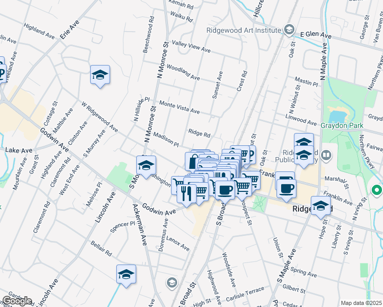 map of restaurants, bars, coffee shops, grocery stores, and more near 109 West Ridgewood Avenue in Ridgewood