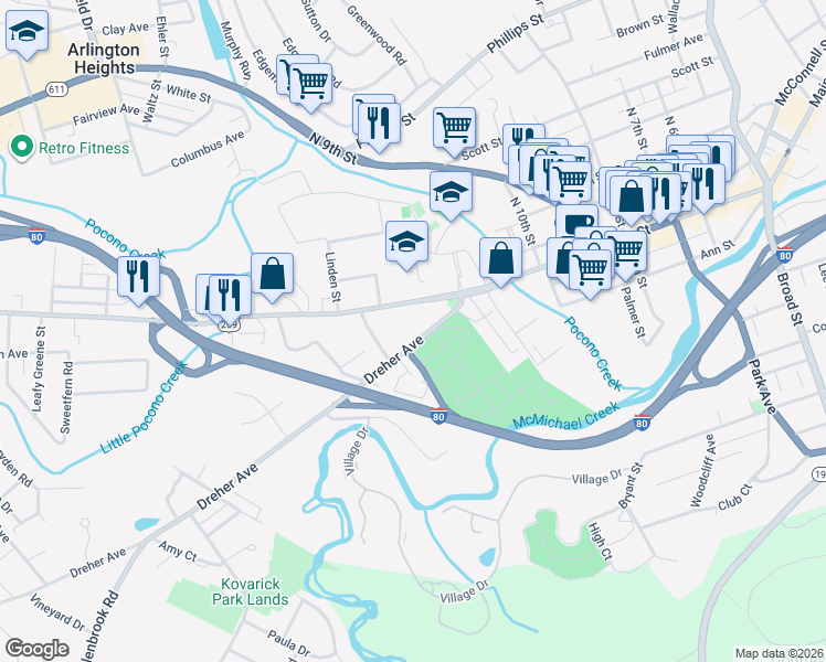 map of restaurants, bars, coffee shops, grocery stores, and more near 1090 Dreher Avenue in Stroudsburg