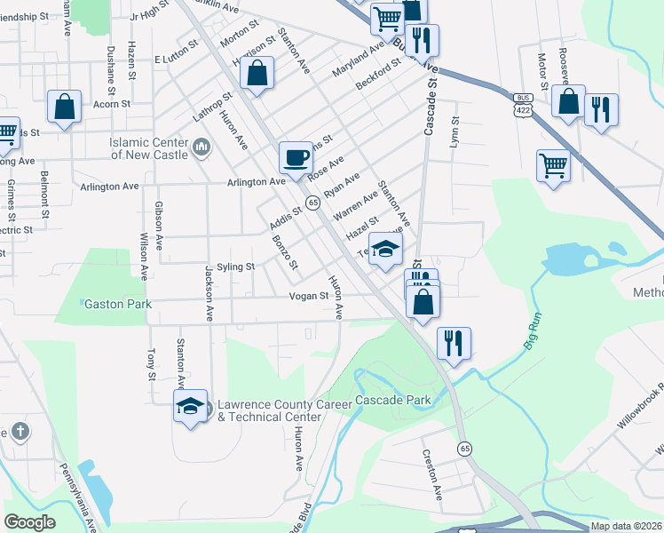 map of restaurants, bars, coffee shops, grocery stores, and more near 839 Vogan Street in New Castle