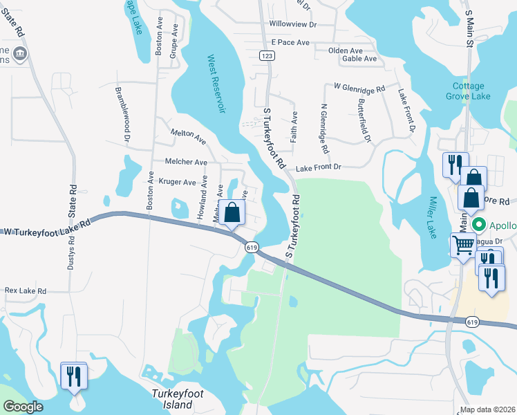 map of restaurants, bars, coffee shops, grocery stores, and more near 405 Stutz Avenue in Akron