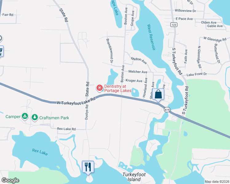 map of restaurants, bars, coffee shops, grocery stores, and more near 635 West Turkeyfoot Lake Road in New Franklin