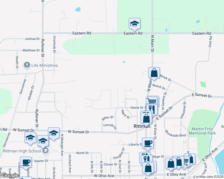 map of restaurants, bars, coffee shops, grocery stores, and more near 321 Nautilus Lane in Rittman
