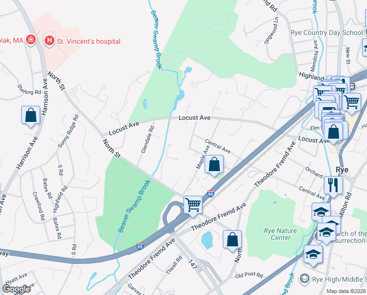map of restaurants, bars, coffee shops, grocery stores, and more near 60 Summit Avenue in Rye