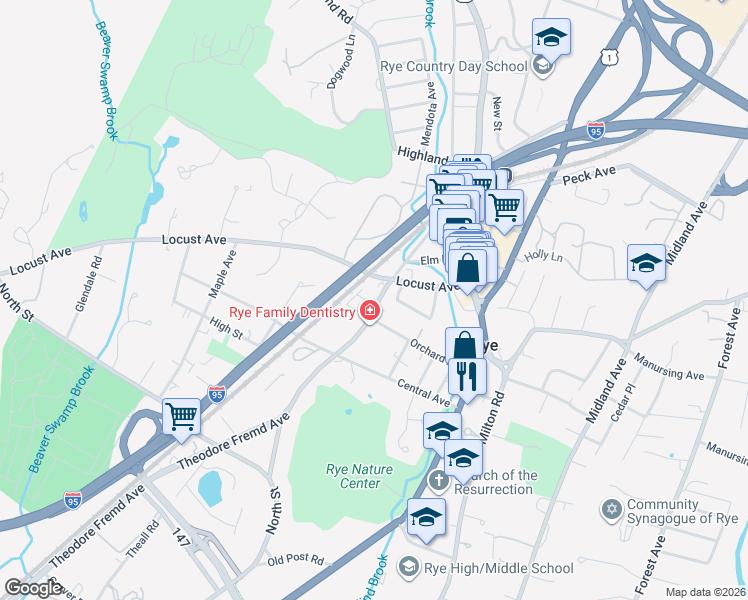 map of restaurants, bars, coffee shops, grocery stores, and more near 100 Theodore Fremd Avenue in Rye