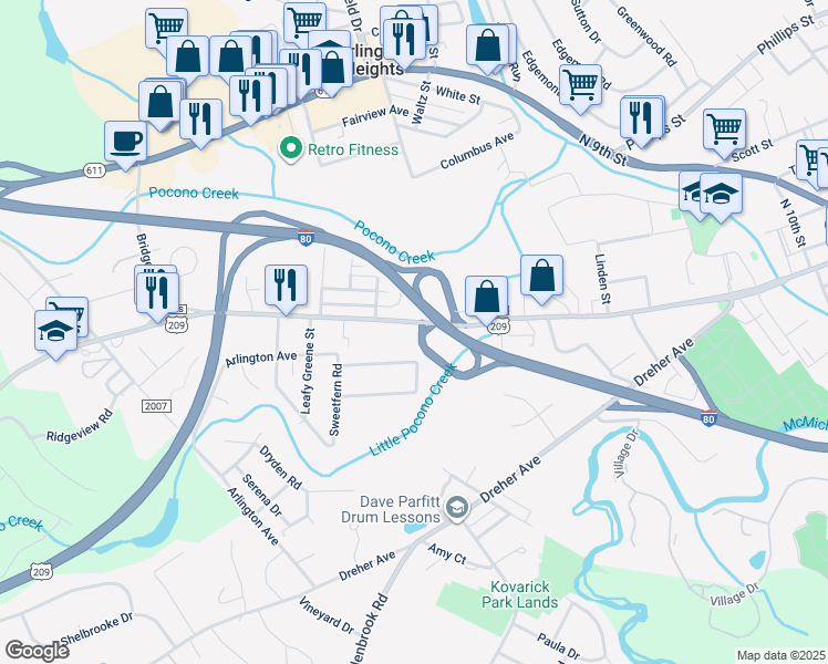 map of restaurants, bars, coffee shops, grocery stores, and more near 1641 West Main Street in Stroudsburg