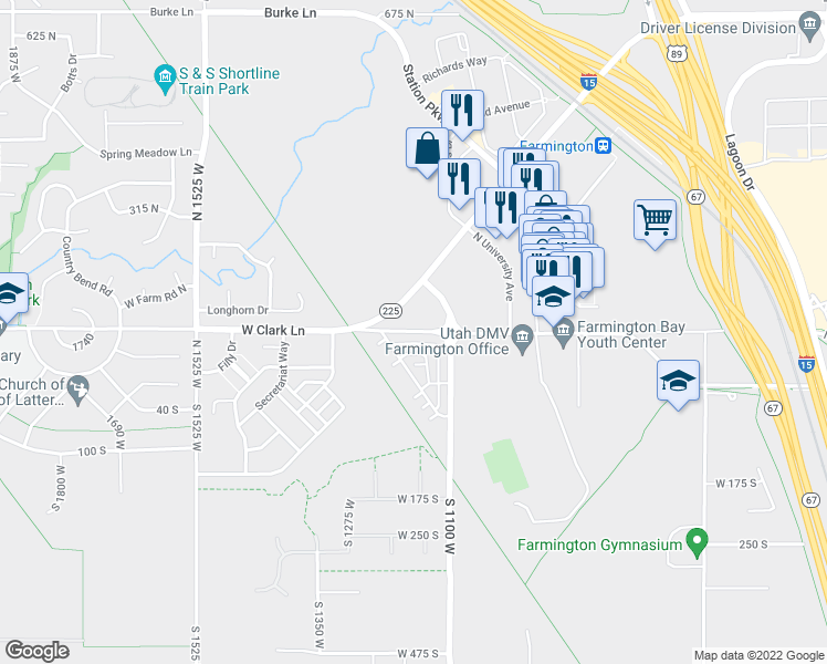 map of restaurants, bars, coffee shops, grocery stores, and more near 1166 West Clark Lane in Farmington