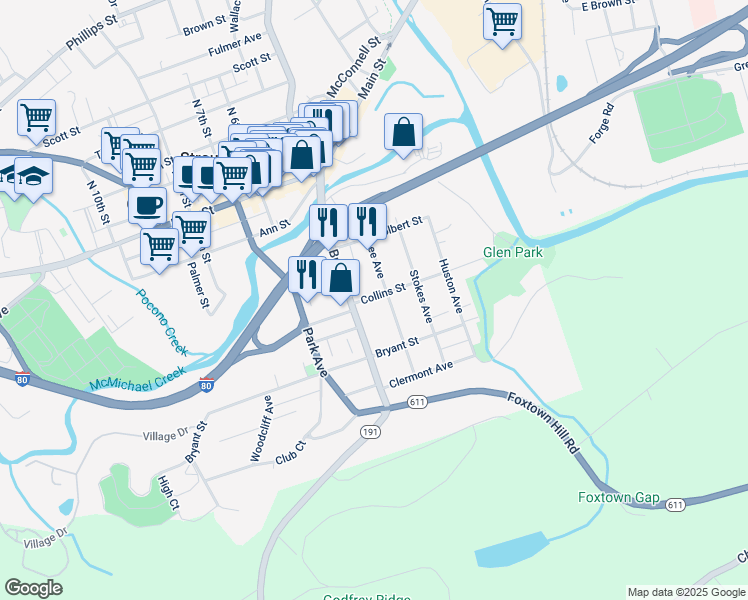 map of restaurants, bars, coffee shops, grocery stores, and more near 409 Collins Street in Stroudsburg
