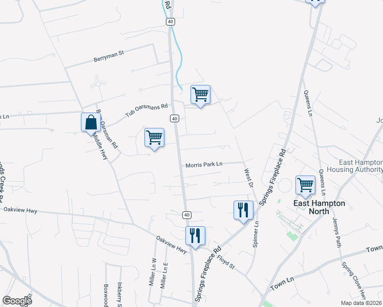 map of restaurants, bars, coffee shops, grocery stores, and more near 8 Morris Park Lane in East Hampton