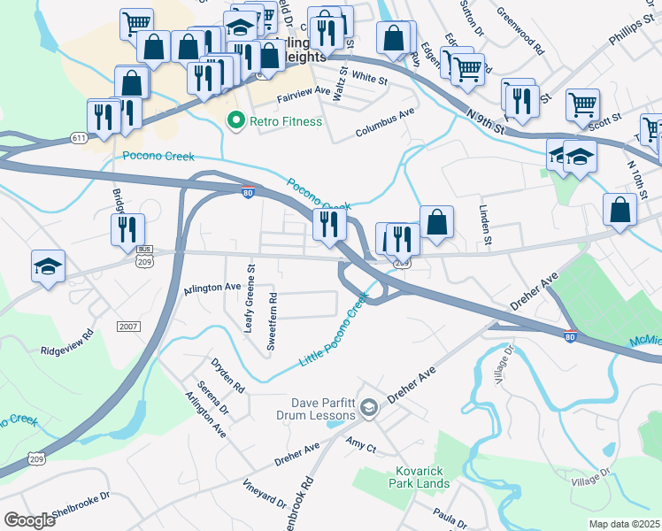 map of restaurants, bars, coffee shops, grocery stores, and more near 1645 West Main Street in Stroudsburg