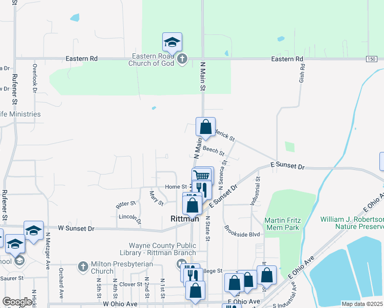 map of restaurants, bars, coffee shops, grocery stores, and more near 313 North Main Street in Rittman
