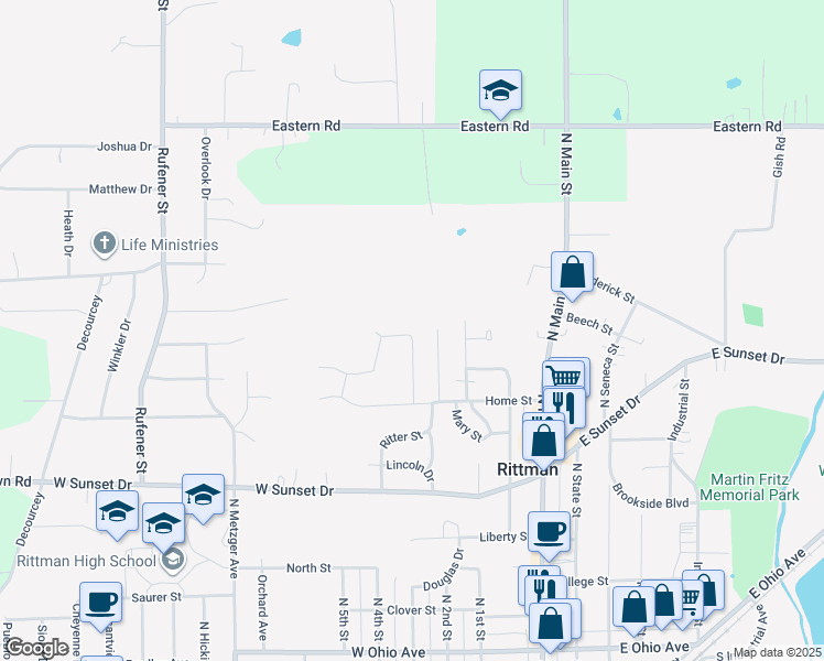 map of restaurants, bars, coffee shops, grocery stores, and more near 321 Nautilus Lane in Rittman