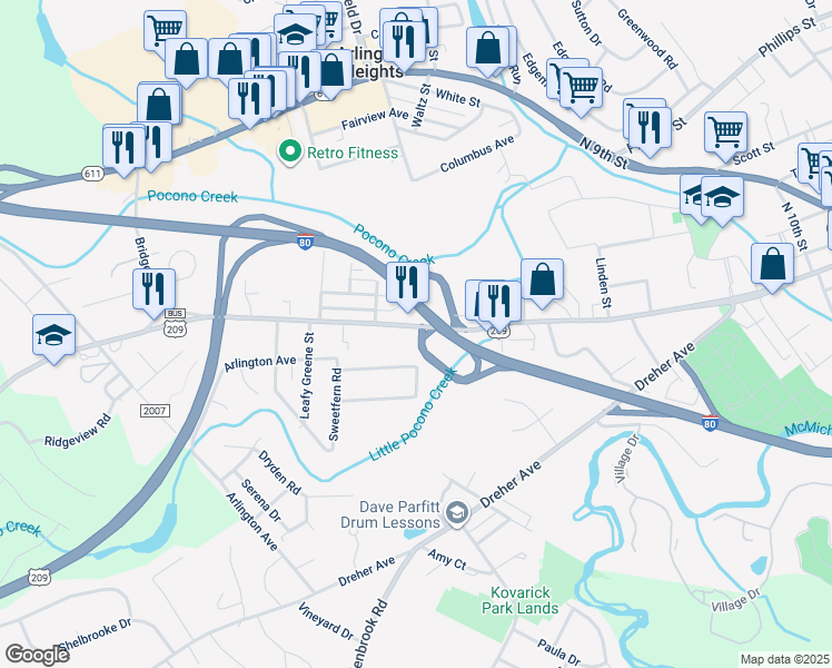 map of restaurants, bars, coffee shops, grocery stores, and more near 1641 West Main Street in Stroudsburg
