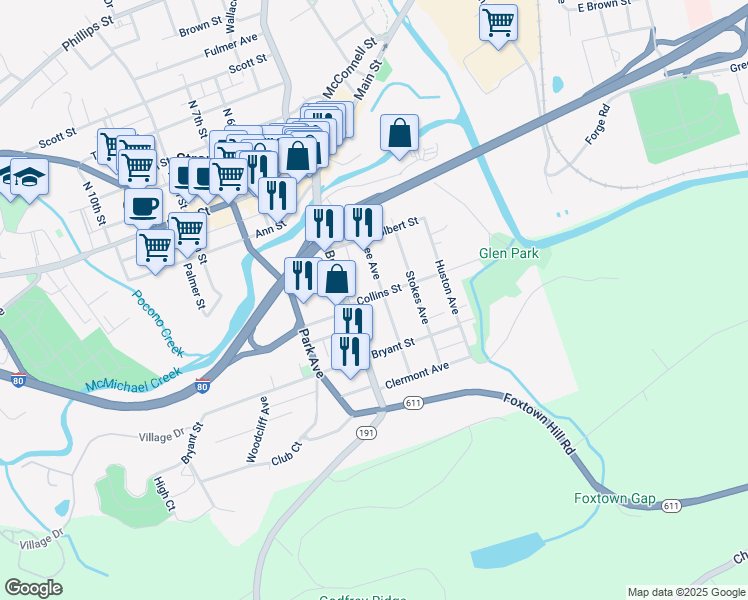 map of restaurants, bars, coffee shops, grocery stores, and more near 407 Collins Street in Stroudsburg