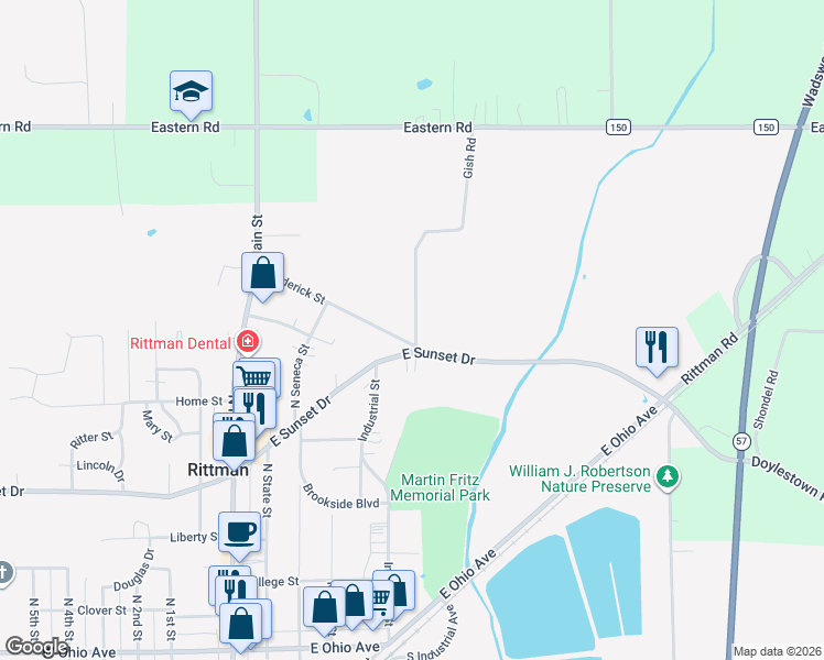 map of restaurants, bars, coffee shops, grocery stores, and more near 246 East Sunset Drive in Rittman