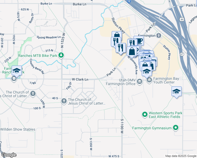 map of restaurants, bars, coffee shops, grocery stores, and more near Denver and Rio Grande Western Rail Trail in Farmington