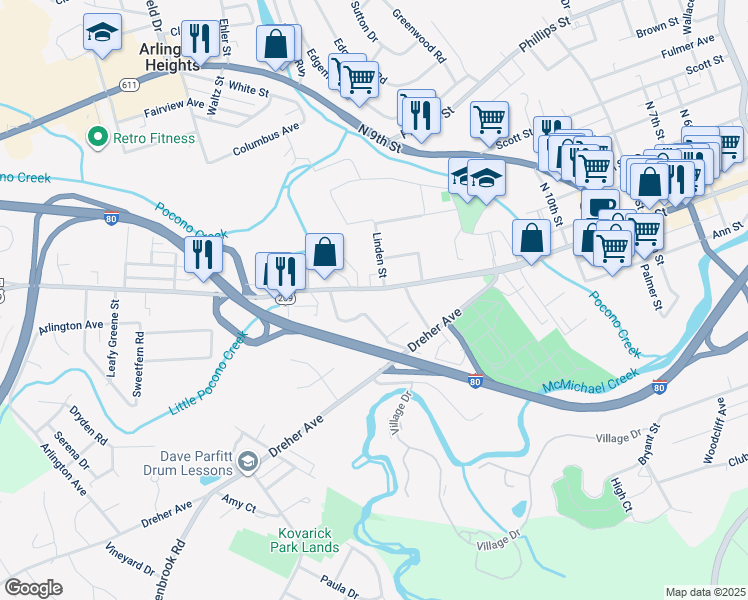 map of restaurants, bars, coffee shops, grocery stores, and more near 1155 West Main Street in Stroudsburg