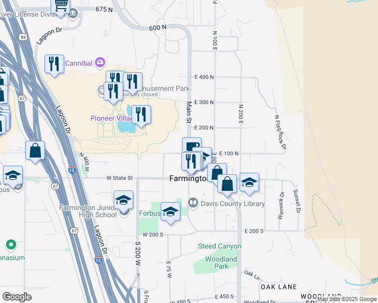 map of restaurants, bars, coffee shops, grocery stores, and more near 108 North Main Street in Farmington
