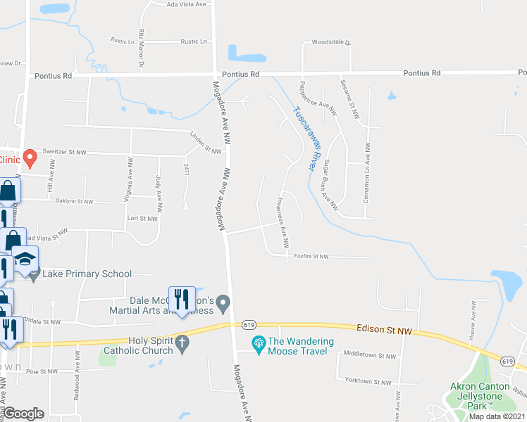 map of restaurants, bars, coffee shops, grocery stores, and more near 13336 Tippecanoe Avenue Northwest in Uniontown