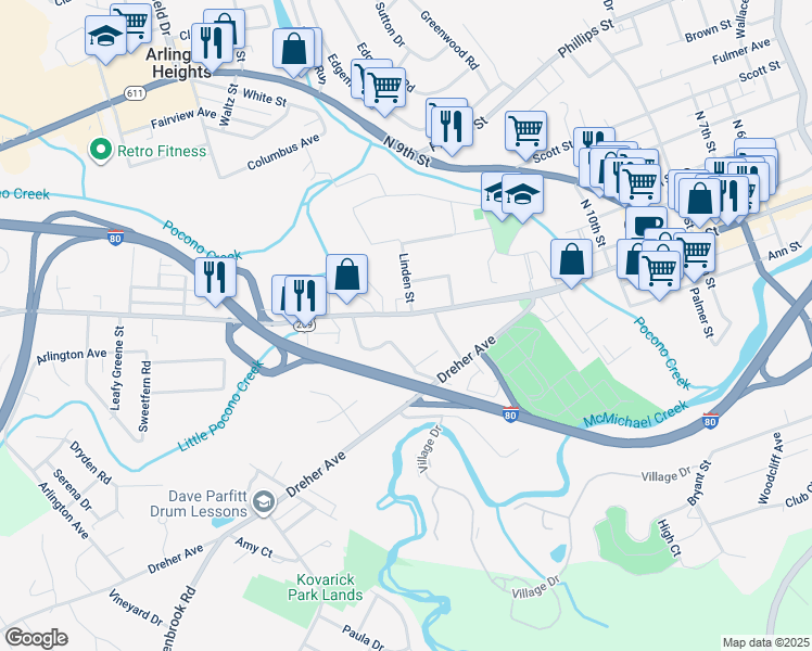 map of restaurants, bars, coffee shops, grocery stores, and more near 1149 West Main Street in Stroudsburg