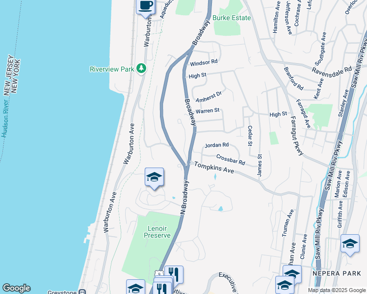map of restaurants, bars, coffee shops, grocery stores, and more near 75 Old Broadway in Hastings-on-Hudson