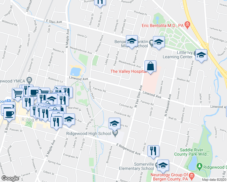 map of restaurants, bars, coffee shops, grocery stores, and more near 414 Linwood Avenue in Ridgewood