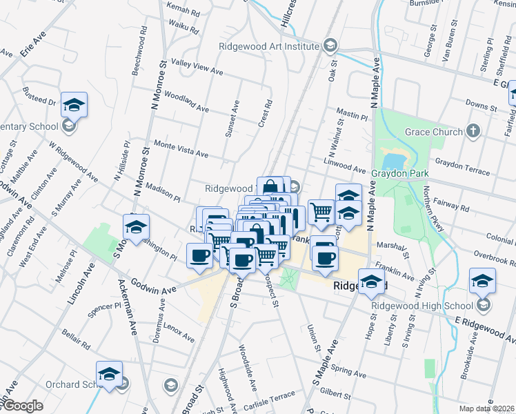 map of restaurants, bars, coffee shops, grocery stores, and more near 120 Chestnut Street in Ridgewood
