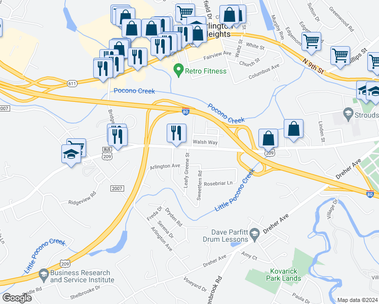 map of restaurants, bars, coffee shops, grocery stores, and more near 1812 West Main Street in Stroudsburg
