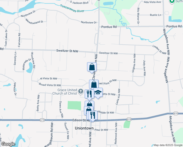 map of restaurants, bars, coffee shops, grocery stores, and more near 13501 Cleveland Avenue Northwest in Uniontown