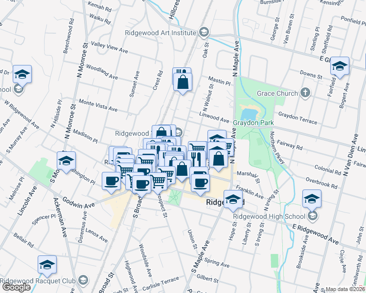 map of restaurants, bars, coffee shops, grocery stores, and more near 131 Oak Street in Ridgewood