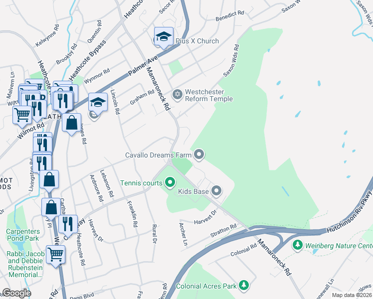 map of restaurants, bars, coffee shops, grocery stores, and more near 7 Deerfield Lane in Scarsdale