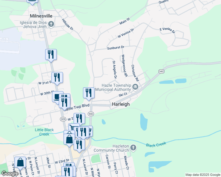 map of restaurants, bars, coffee shops, grocery stores, and more near 191-299 St Angela Dr in Luzerne
